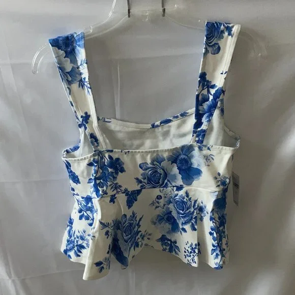 🏷️ NWT - ANTHROPOLOGIE Maeve Blue Floral Square-Neck Peplum Tank Top in Sz LARGE - Picture 2 of 7